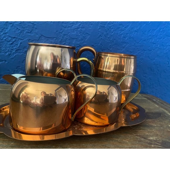 Vintage Copper set of plate and 2 cups and cream and sugar bowl - Picture 2 of 9